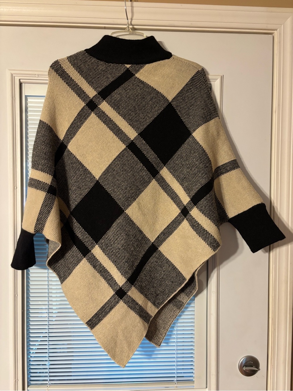 SHEIN Black and Cream Plaid Knit Poncho with Mock Neck